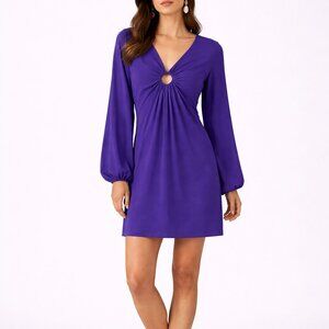 Krisa Purple Ruched Ring Front Mini Dress Long Sleeve V Neck NWT Lrg Retail $216